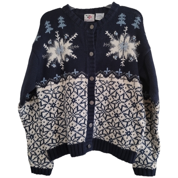 Vintage Nutcracker Winter Snowflake Sweater Cardigan Medium Blue White - Picture 1 of 5